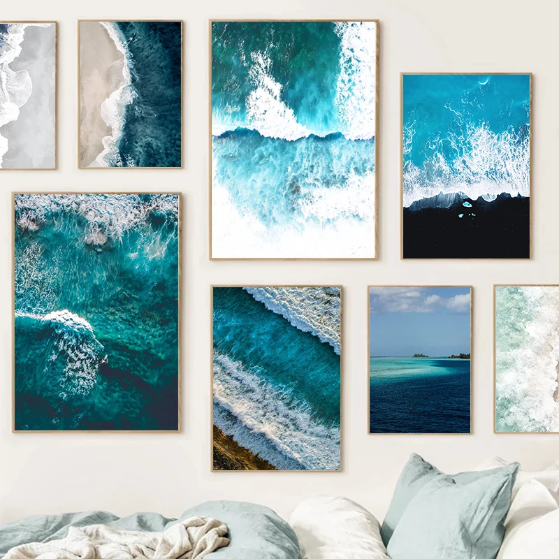 Nordic Blue Ocean Sea Wave Beach Poster Print Canvas Painting Nature Landscape Wall Art For Modern Living Room Home Decor