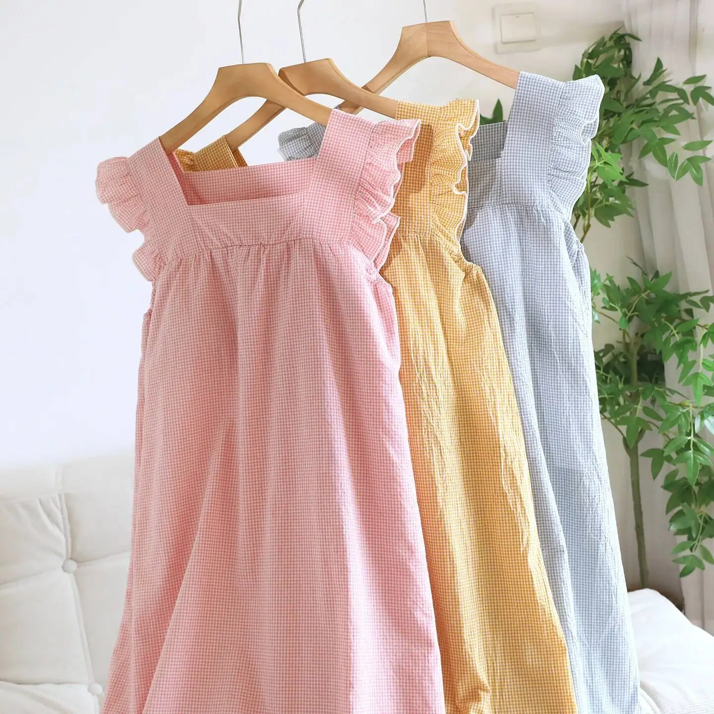 

Платье-пима без рукавов для женщин, весенне-летняя тонкая хлопковая клетчатая рубашка с нагрудником, милая ночная рубашка