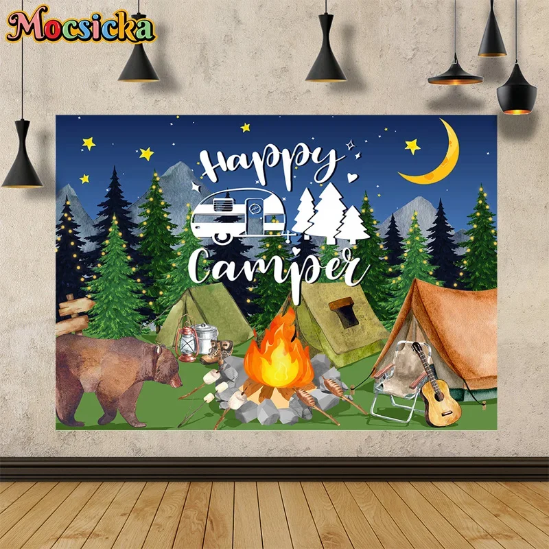

Mochisca Camping Happy Photography Background Night Tent Woods Backdrop Campfire Party Background Adult Kids Photo Banner Photo