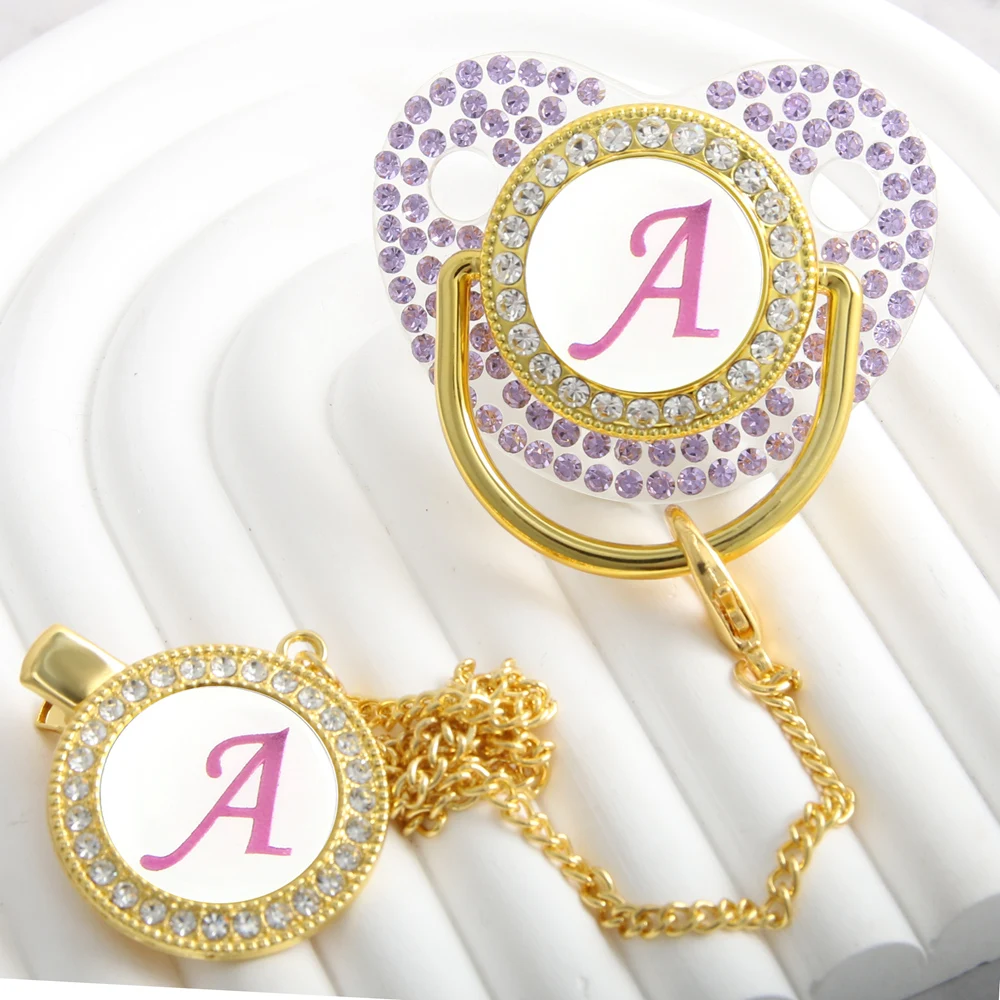 

26 Letters Violet Diamond Baby Pacifier with Chain Clip /Teether Toy