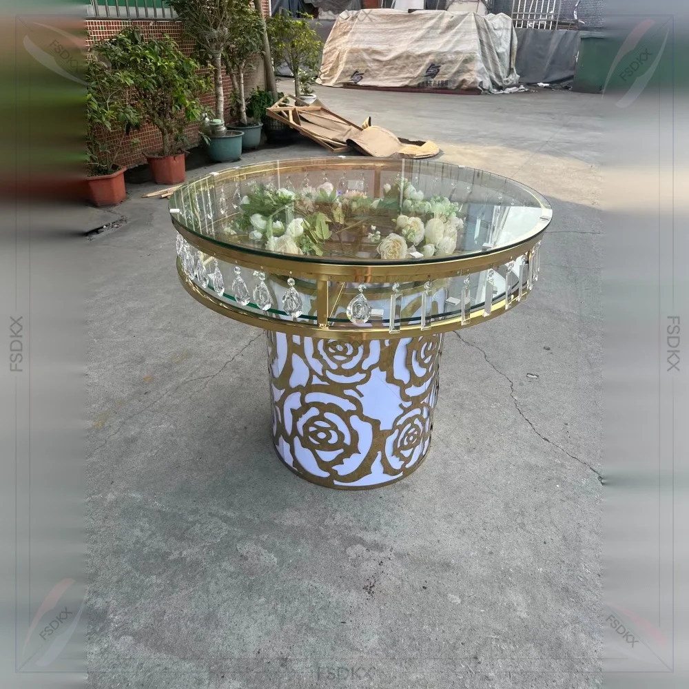 FSDKX Events Decoration Clear Glass Top Circle Luxury Gold Stainless Steel Round Wedding Cake Table With Crystals