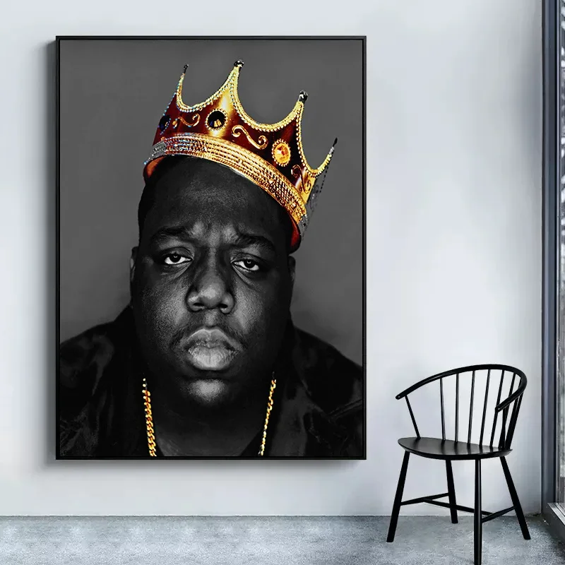 Rapper Canvas Print Painting The Notorious B.I.G with A Gold Crown Posters 2PAC,BIG Black and White Wall Art Pictures Home Decor