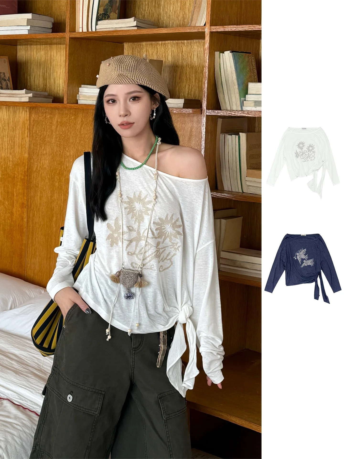 

CPLUS SERIES Brand Autumn Winter Cross Stitch Bird Print Casual Loose Fit Long Sve T-irt for Women with Sa Detail