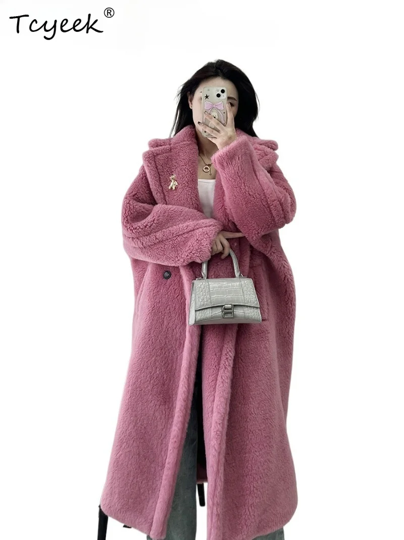 Tcyeek Teddy Bear Alpaca Wool Women Coat Mid-Length Cocoon Shape Fur Outerwear Batwing Sleeve Clothes Warm Winter Ladies Jacket