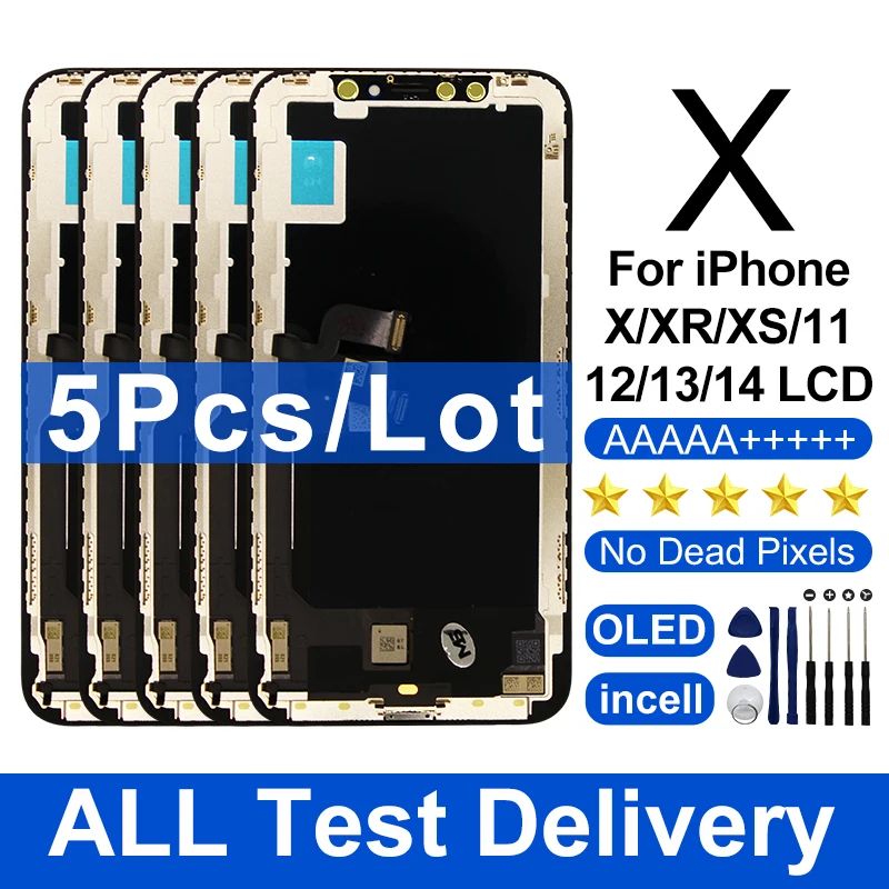 5Pcs/lot Wholesale Incell For iPhone X XR XS Max LCD Display Pantalla Touch Screen For iPhone 11 12 Pro 13 14 OELD 15 Display