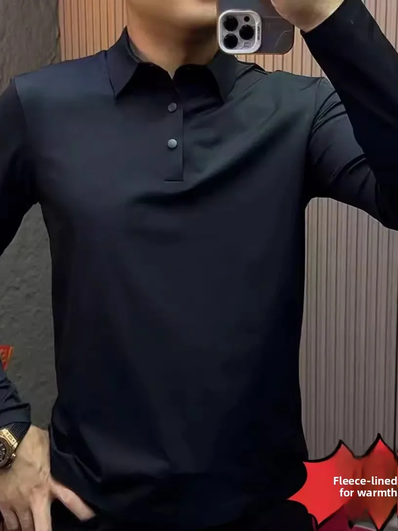 

Мужская повседневная деловая рубашка с длинным рукавом, однотонная, универсальная, роскошная, легкая, дышащая, теплая, для ежедневной носки, с отложным воротником