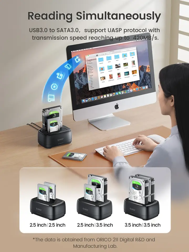 محطة أقراص صلبة ORICO ثنائية الفتحات USB3.0 بسرعة 5 جيجابت/ثانية Type-C مع محول طاقة 12V 3A لأقراص HDD/SSD مقاس 2.5/3.5 بوصة - 6