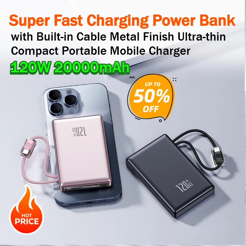 Super Fast Charging Power Bank 120W 20000mAh with Built-in Cable Metal Finish Ultra-thin Compact Portable Mobile Charger