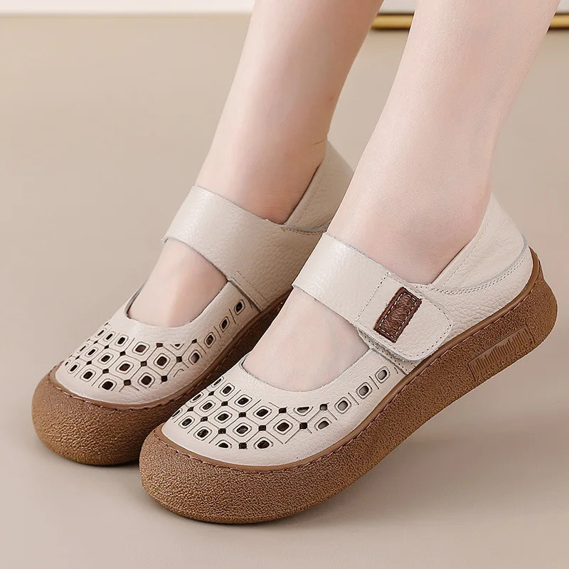 New Arrival Cutout Cow Leather Sandals Women Summer Mary Jane Flats Shoes Woman Hook Loop Soft Loafer Ladies Breathable Sandals