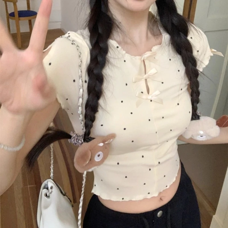 

Deeptown Korean Style Sweet T-shirts Women Polka Dot Bow Cute Crop Tops Vintage Y2k Kawaii Fashion Short Sleeve T-shirts Slim Up