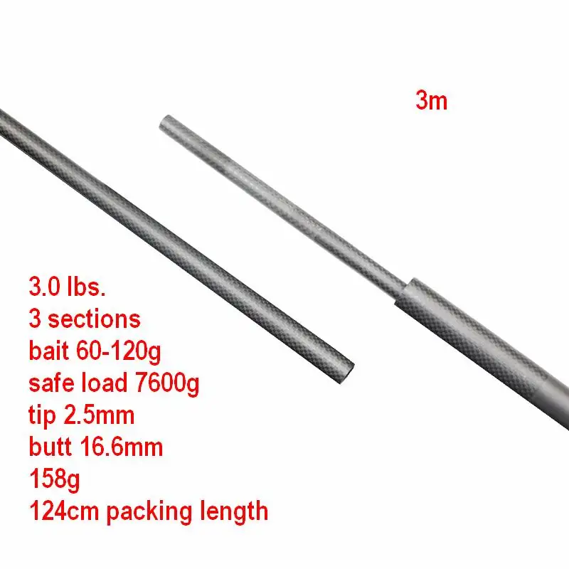 

SC300 SC300-3 3m 3 Sections 158g Safe Load 7500g Whole 1K Carbon Cloth Fishing Rod Blanks Tip 2.5mm Butt 16.6mm Bait 60-120g