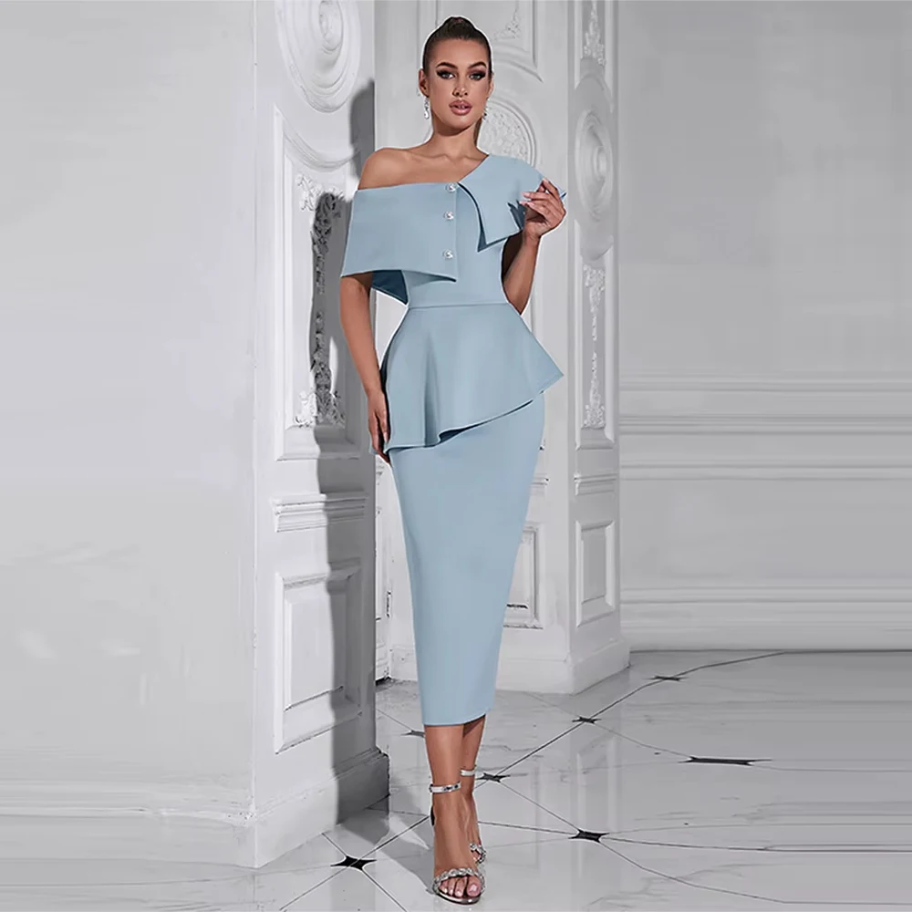 

Customized Sexy Asymmetrical Neck Buttons Design Long Dress Women Short Sleeve Ruffles Slim Dresses Elegant Evening Party Gowns