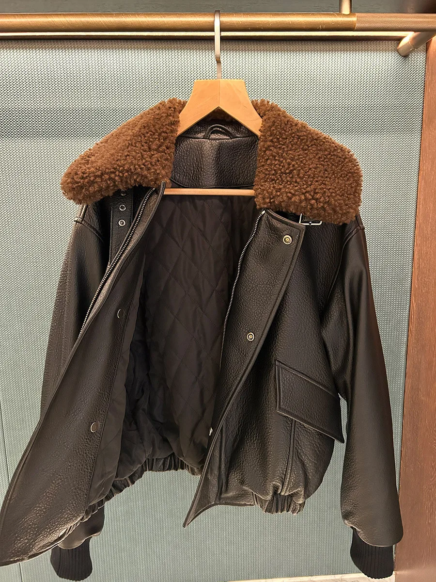 سترة طيار بياقة شيرلينغ على الطراز القديم مع بطانة من الفرو المتكامل #3