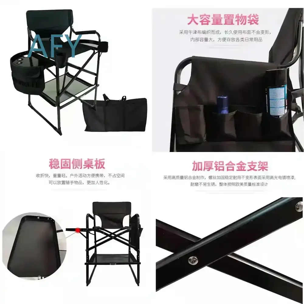 Aluminum Alloy Tall Black Folding Makeup Chair for Outdoor Camping Portable Director Chair for Hair Styling and Photography