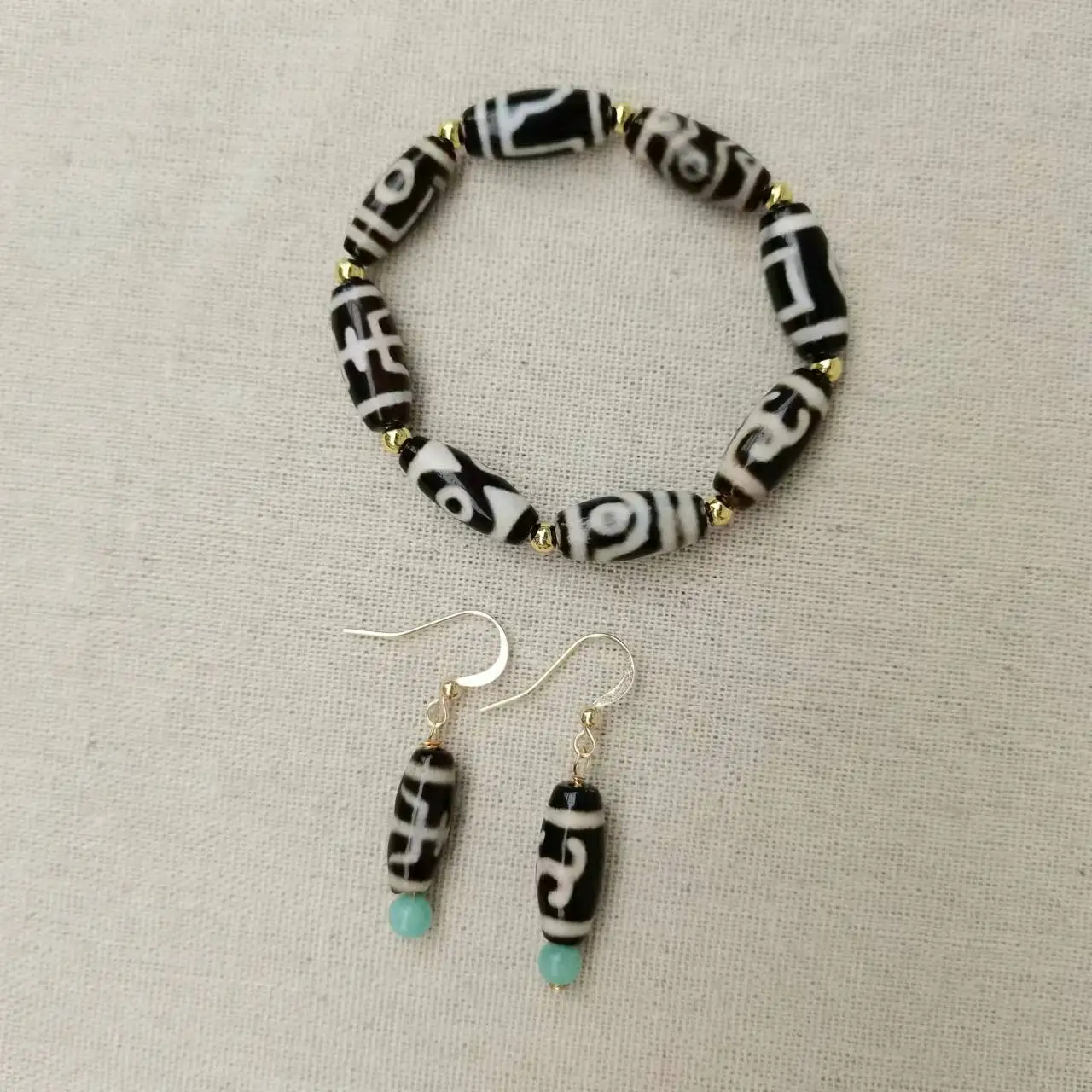 

1pcs/lot Natural 14K Gold Bead Embellished Bracelet Dzi Earrings Accessories cylinder weathered pattern Thick mellow beautiful