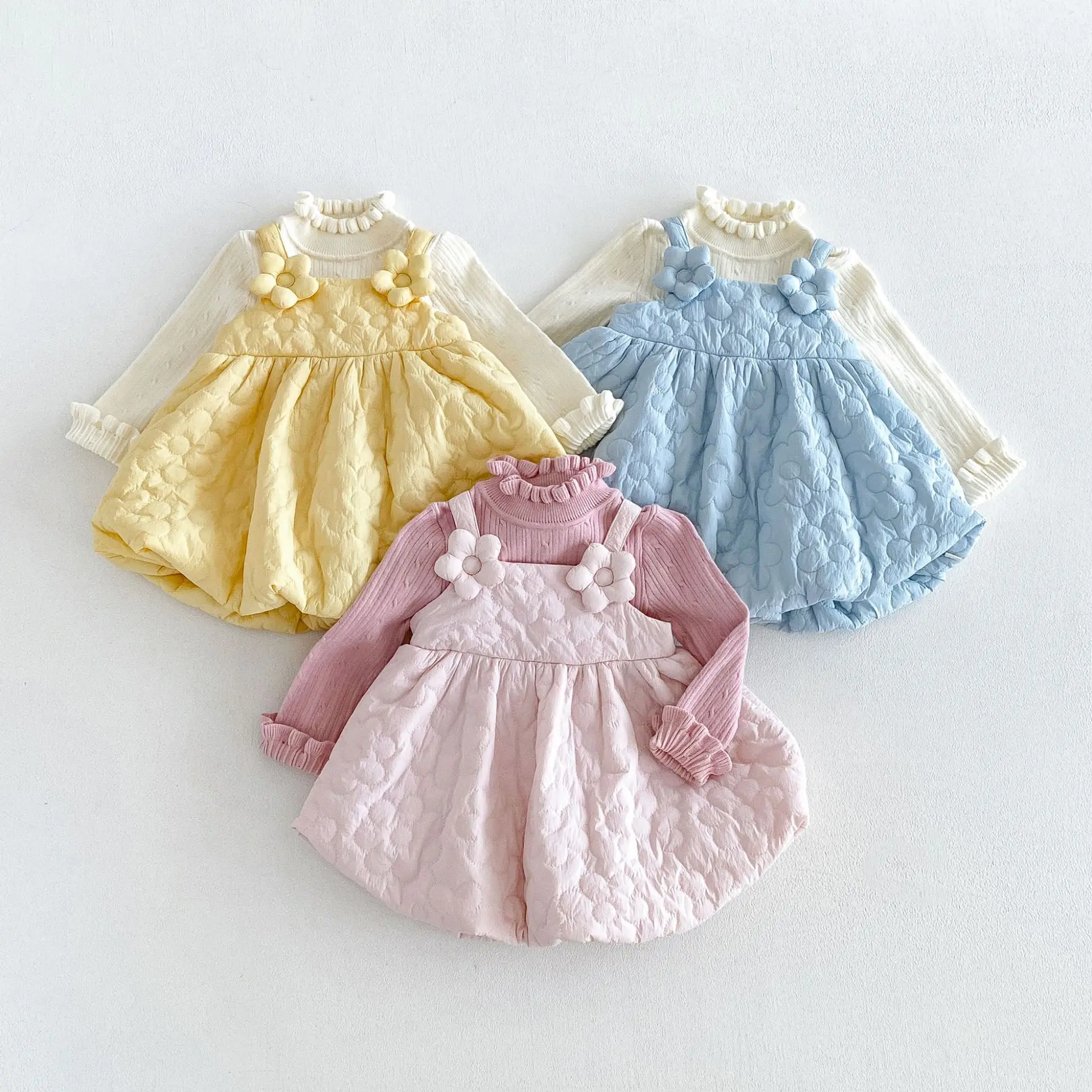 2026 Girls Cute Flower Printed Quilted Bloomers Dress 2026 Winter Baby Thick Floral Strappy Dress Kids Skirt