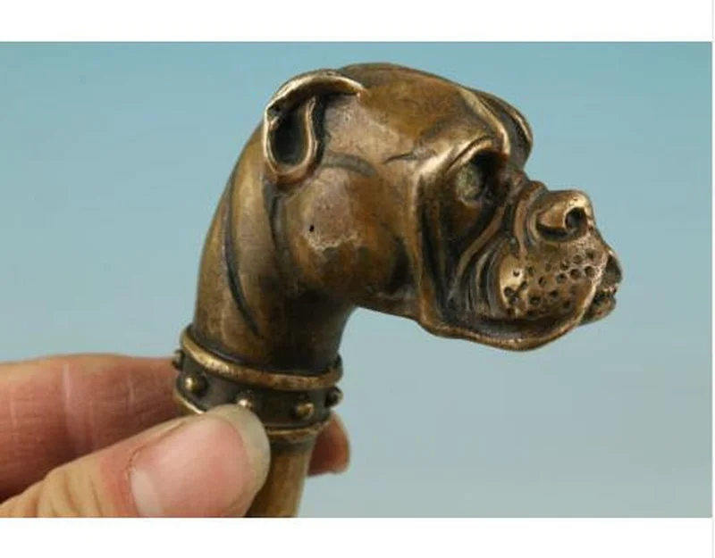 

2.3 Inch Old Brass Chinese Bronze Hand Carved Dog Statue Cane Walking Stick Head
