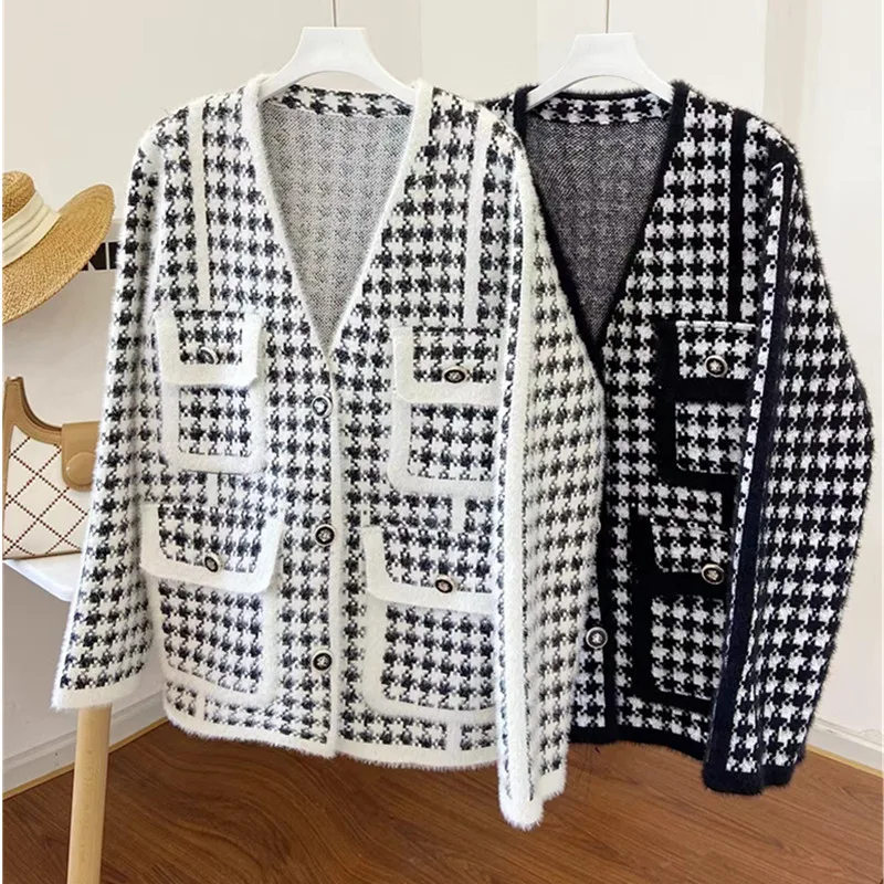 UHYTGF qualità imitazione visone velluto giacca di lana donna moda doppia tasca Cardigan lavorato a maglia cappotti autunnali Plaid femminile top 2176