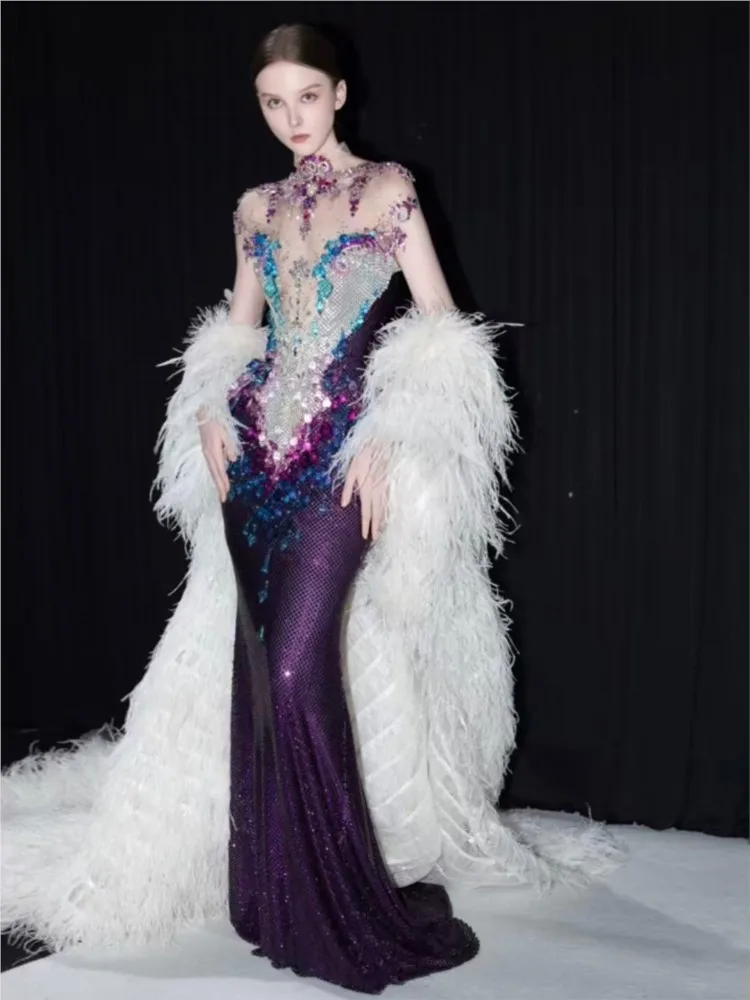 Purple heavy Industry Haute couture light luxury niche fishtail toasting party banquet host dress view 4