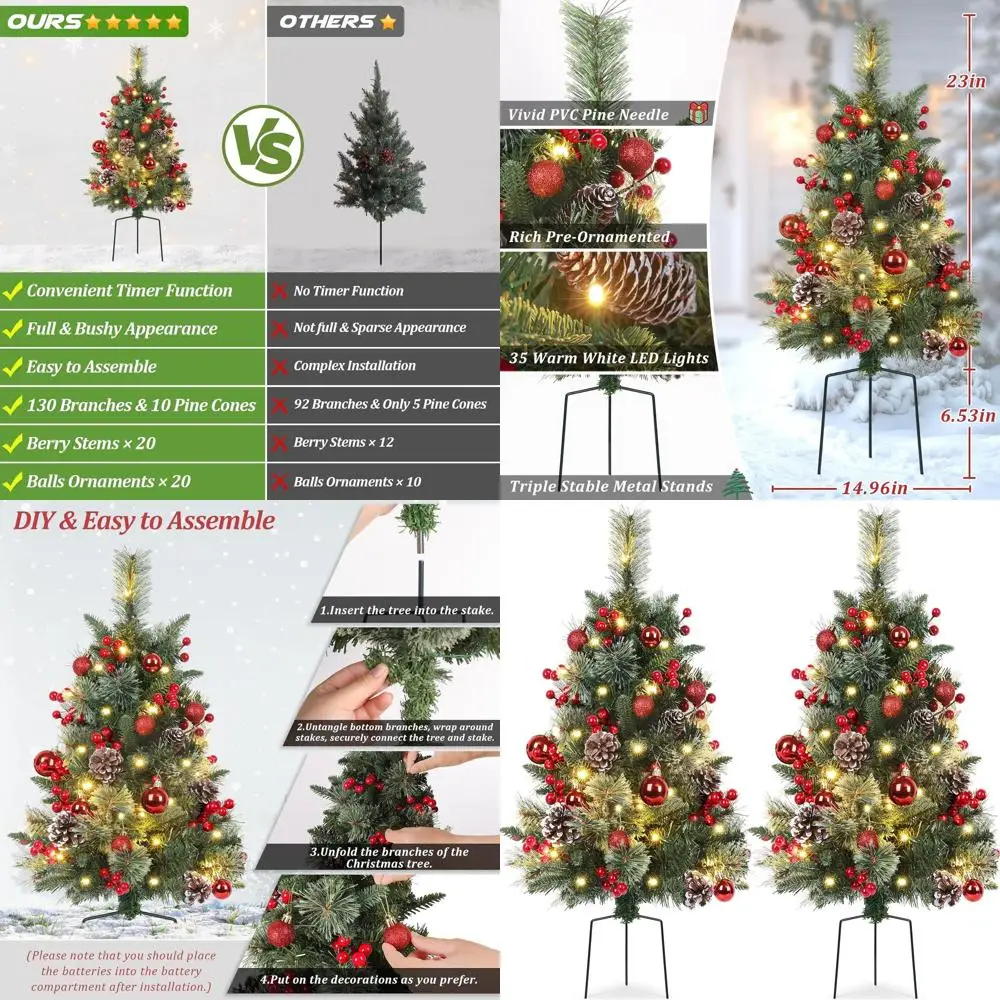 

Battery-Powered 30in Artificial Christmas Trees with Lights, Outdoor Pathway Decor, Red Berries, Pine Cones, Ball Ornaments