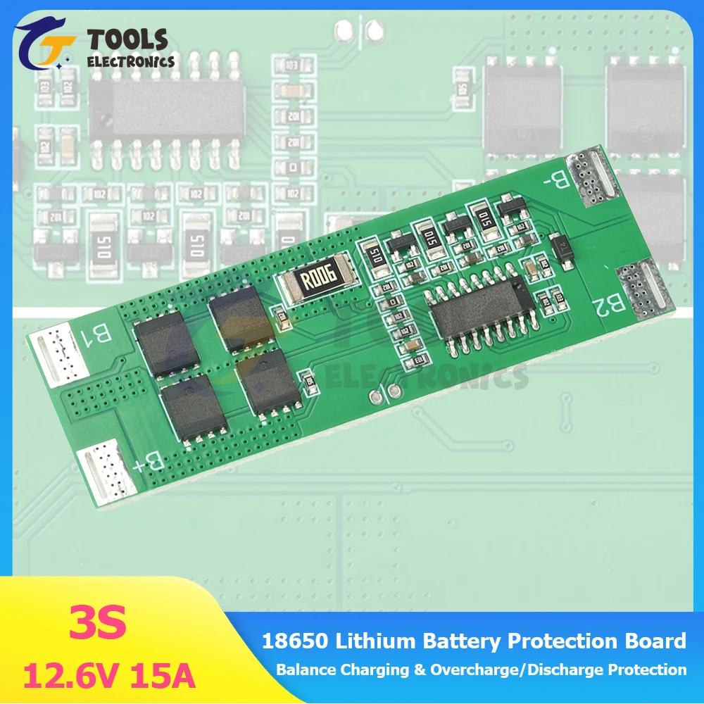 

3S 12.6V 15A 18650 Lithium Battery Protection Board Balance Charging & Overcharge/Discharge Protection for Li-ion Battery Pack