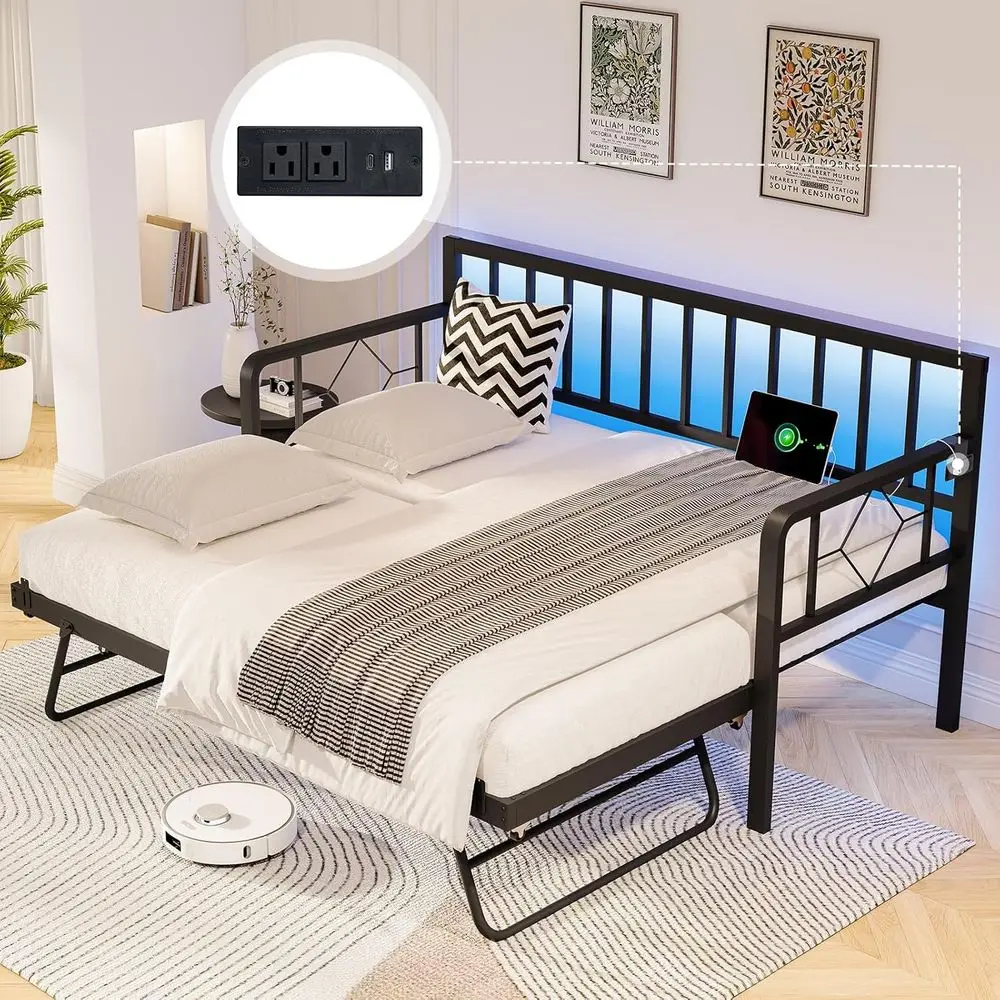 Metal Twin Daybed with Trundle, Charging Station, LED Lights, and Steel Slat Support for Living Room or Bedroom