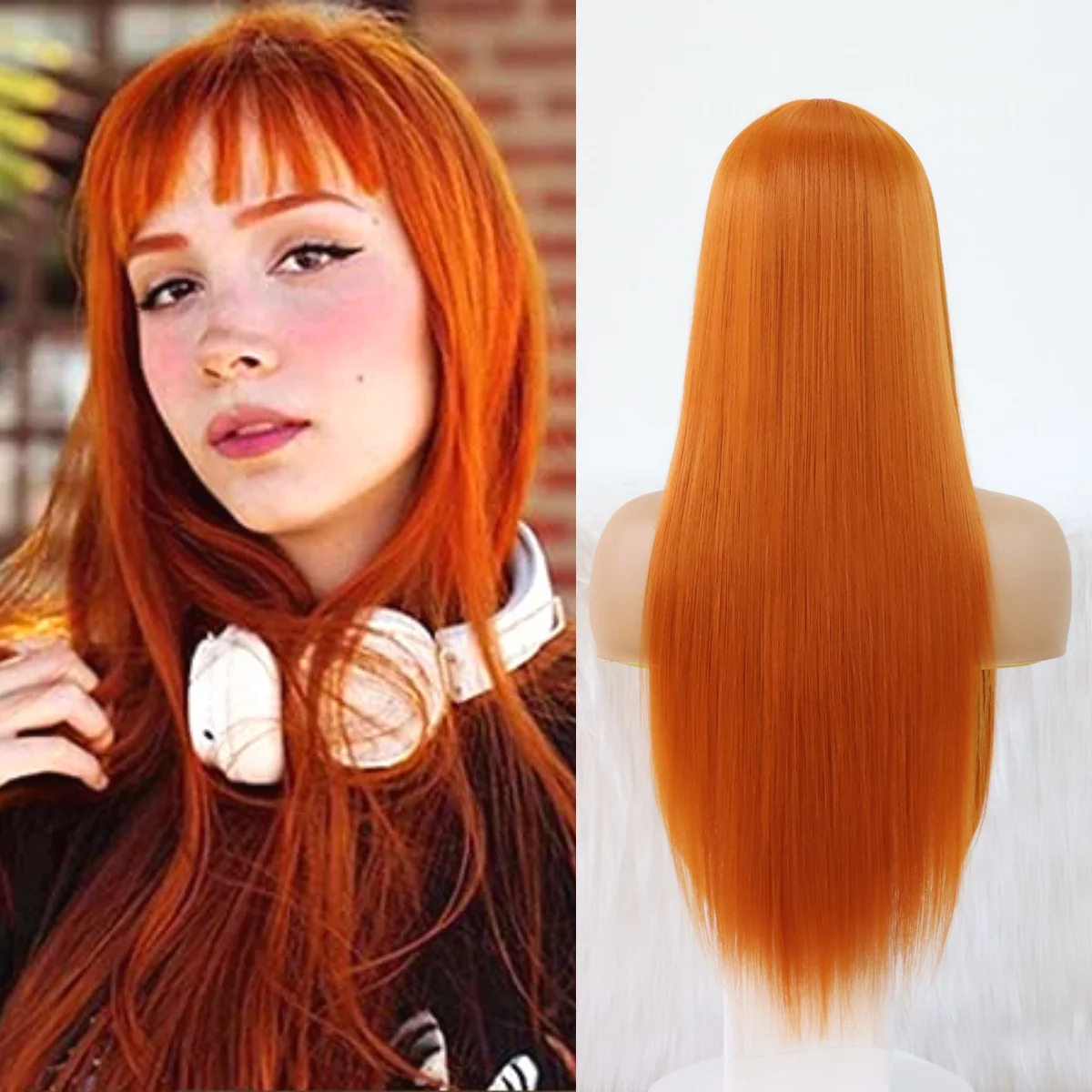 

Orange Synthetic Wig With Bangs Long Straight Wigs Lolita Orange Cosplay Hair Wigs For Women 24 inch