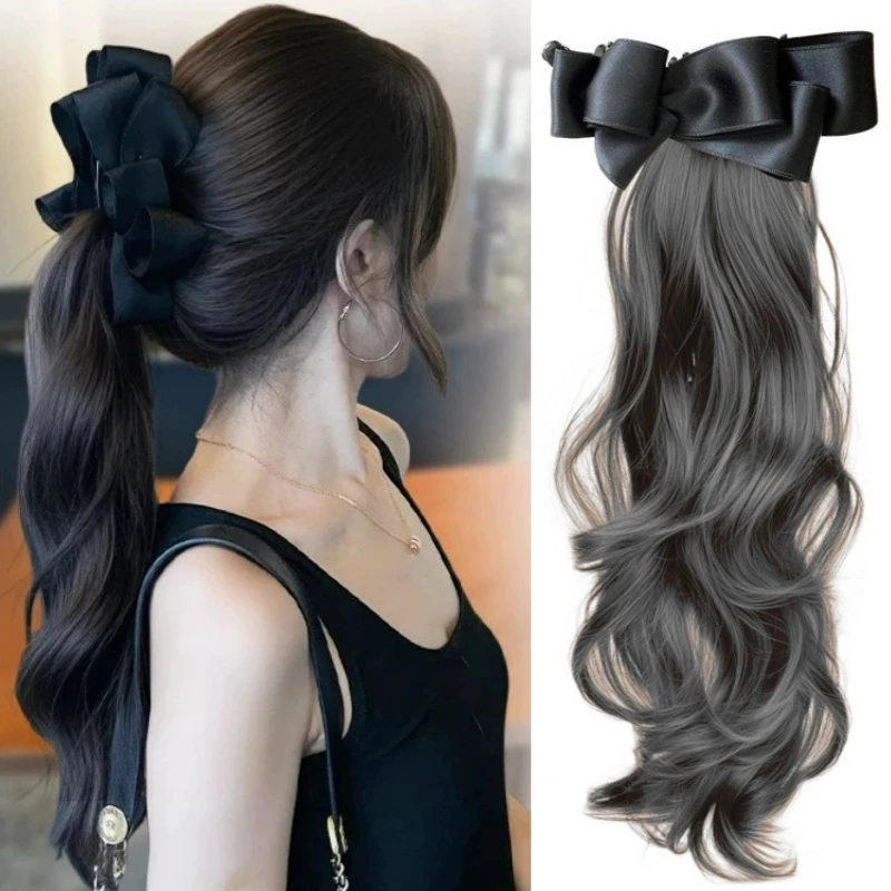 18'الاصطناعية أنيقة الحرير Bowknot الموز مخلب كليب ذيل حصان شعر مستعار مع انتزاع كليب طويل متموج الطبقات ذيل حصان للنساء الاستخدام اليومي
