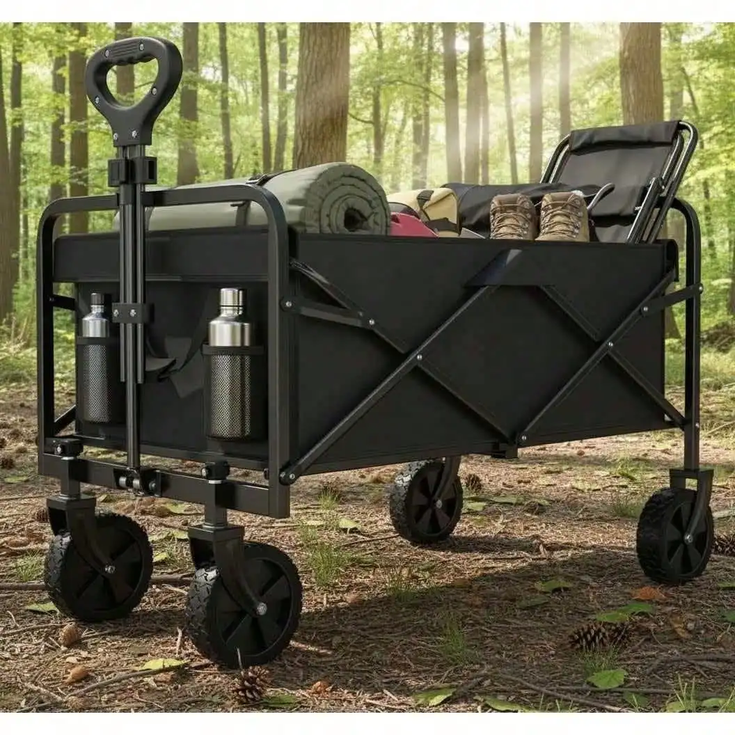 1pc Heavy Duty Collapsible Foldable Utility Wagon Cart With All-Terrain Wheels, High Load-BearingCapacity & Plastic Tires For Beach, RV Storage, Camping, Sports Black, Camping UtilityCartlFoldable Wagon Cart| Metal Frame Cart, Wagon Foldable