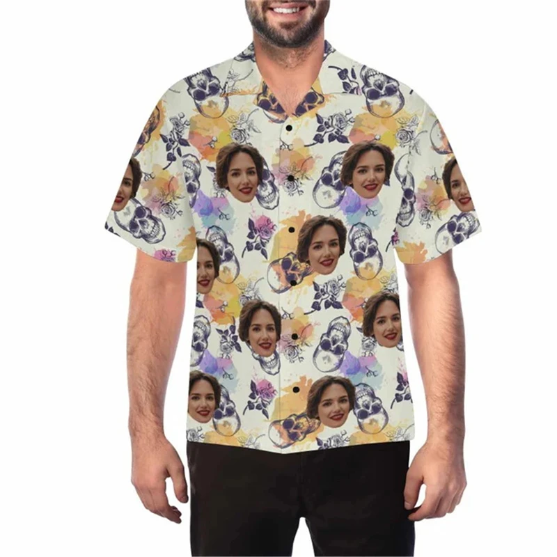 

Custom Face Photo Hawaiian Shirts For Men Clothing Personality 3D Print Skull Pattern Beach Shirt Y2k Hawaii Gifts For Falmily