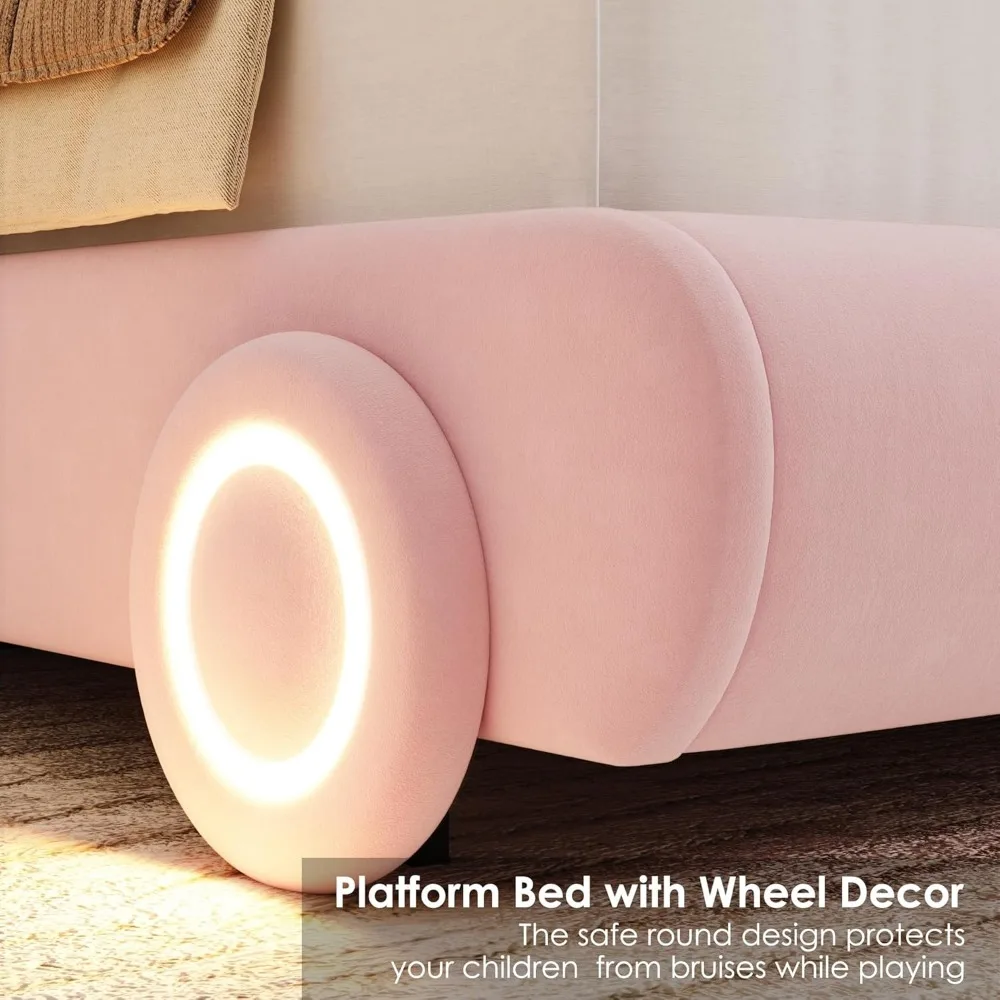 Queen Upholstered Led Bed Frame with Wheels Decor & Adjustable Curved Headboard Modern Car-Shaped Platform Bed with Detachable