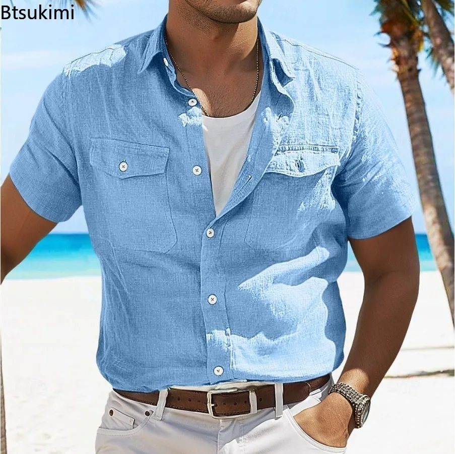 New 2025 Men's Summer Short Sleeve Cotton Line Shirt Casual Solid Color Loose T-shirt for Men Pocket Design Beach Male Top Tees