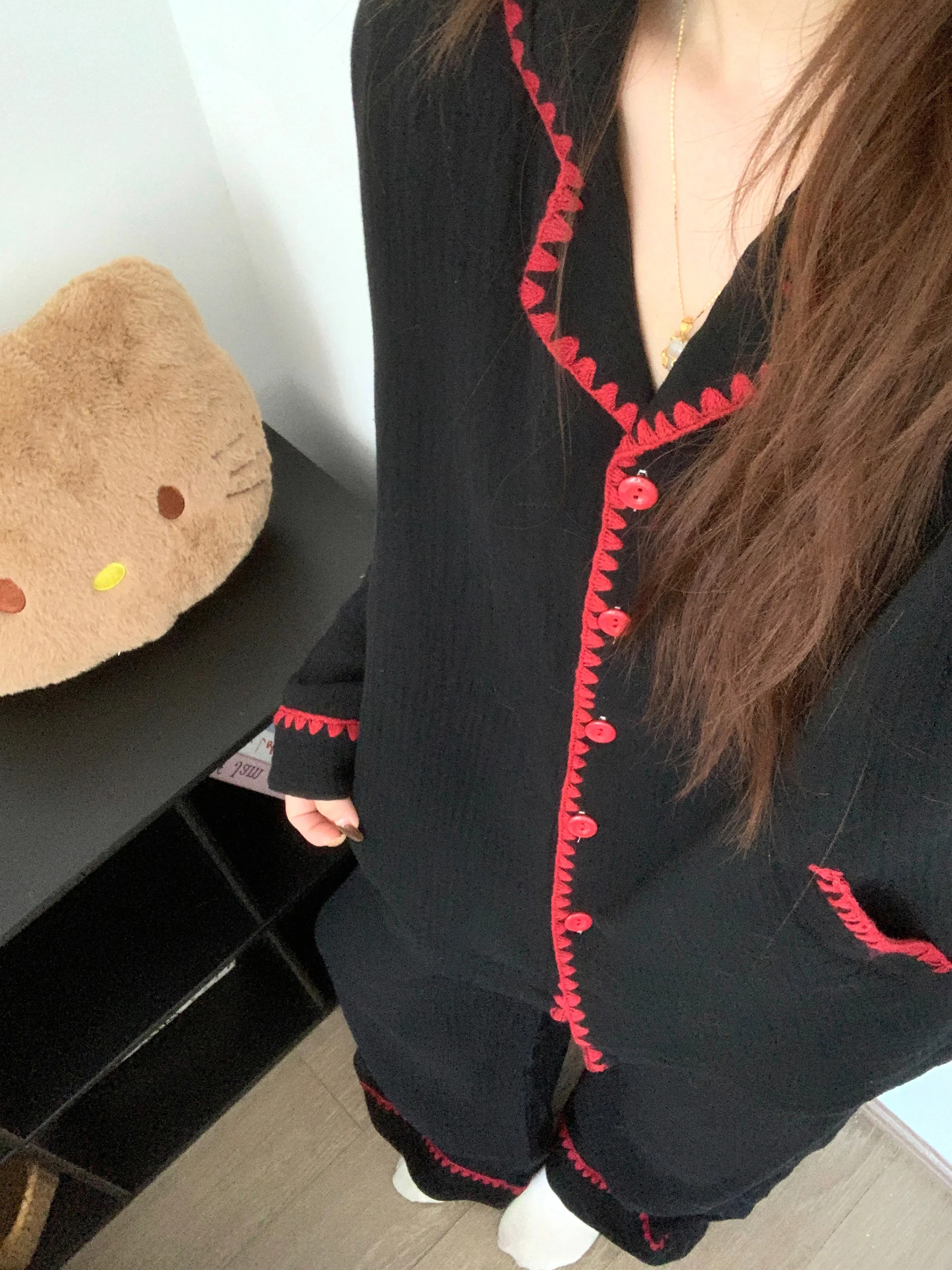 

Корейский комплект пижамы из чистого хлопка Long Sve, женская осенне-весенняя домашняя одежда, одинаковые мягкие хлопковые брюки, повседневные