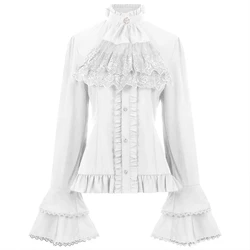 Women Victorian Flare Sleeve Shirts Ruffle Lace Stand Collar Blouse Top Vintage Gothic Pirate Medieval Shirt 066C