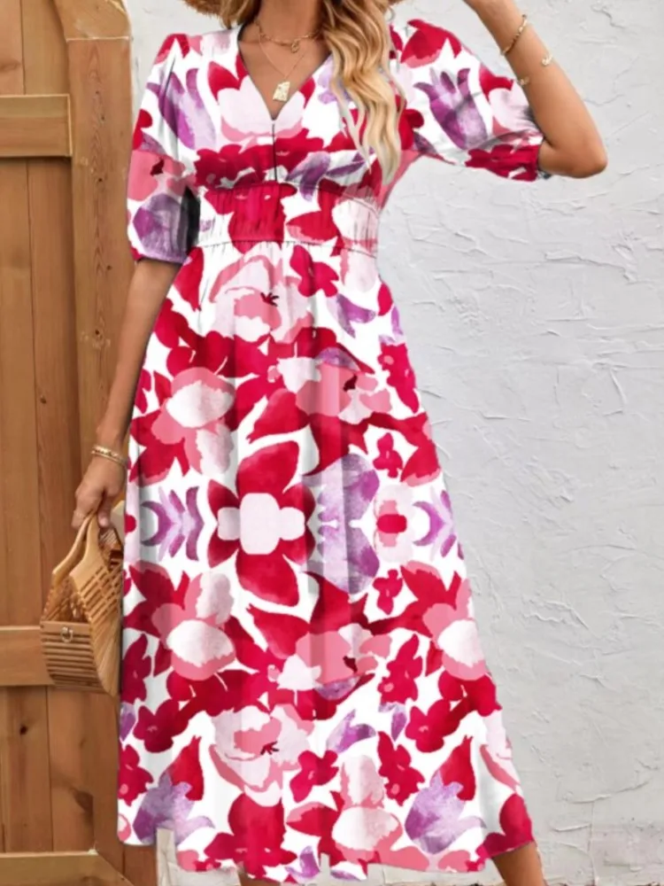 

2025 Summer New Dress Elegant Waist Women V-neck Long Dresses Fashion Printed Vestidos De Fiesta Elegantes Vestidos Para Mujer