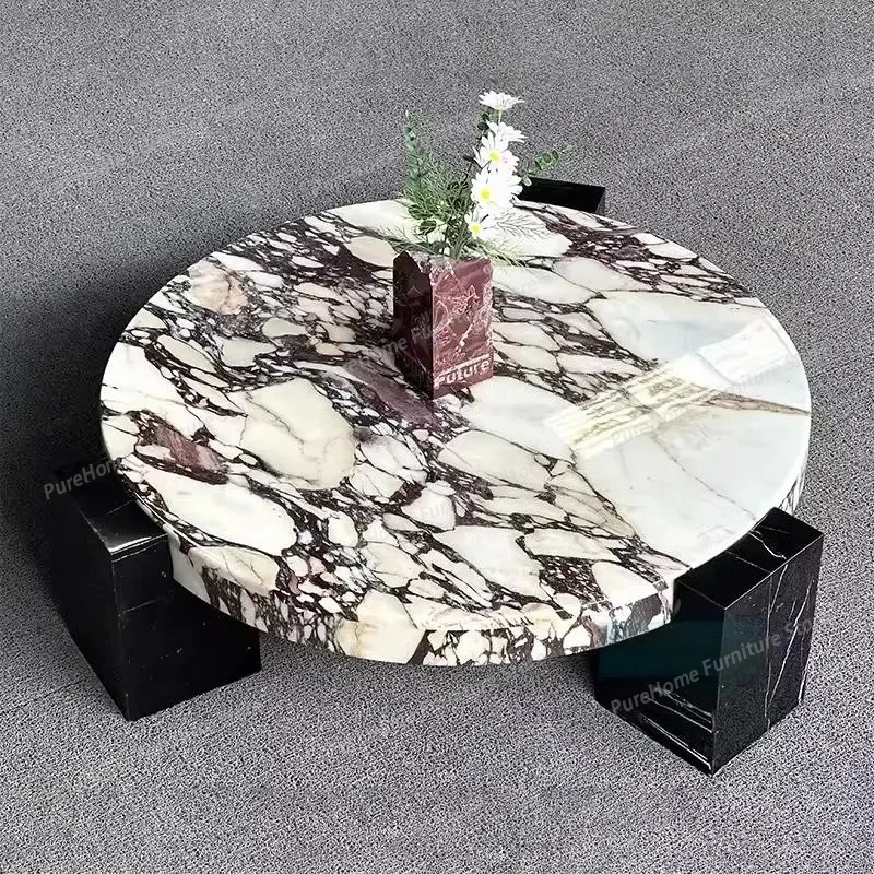 

100% Pure Calacata Viola Marble Round Coffee Table with Black Marquina Base - Luxury Living Room Center Table for Home Decor