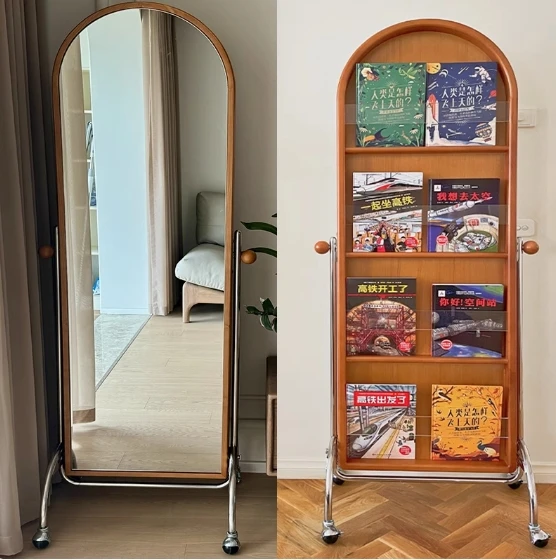 Magazine Rack,360° Rotatable Arched Full Length Mirror With Storage Shelves Rolling Mobile Dressing Mirror For Bedroom