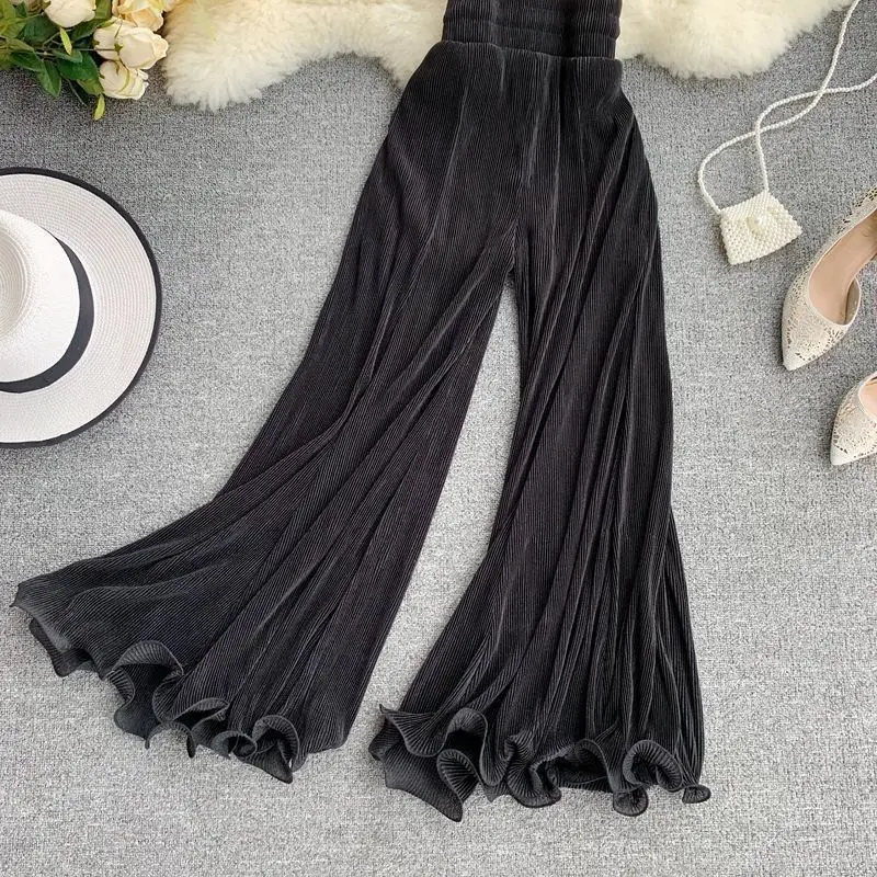 Nuevos pantalones de verano para mujer, de pierna ancha, con volantes, estilo cola de pez, acampanados, con cintura elástica, plisados, pantalones de aire acondicionado