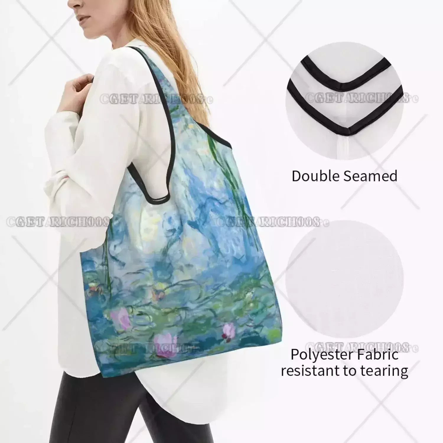 Monet Lotus Oil Painting Large Reusable Grocery Shopping Tote Bag Portable HandBag No Zipper Fashion Shopper Bag Tote Bags