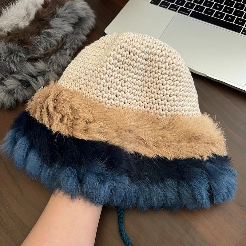 2024 New Fashion Russian Women Knitted Real Rabbit Fur Bomber Hats Winter Lady Warm Fluffy Rabbit Fur Hat Good Elastic Caps R263