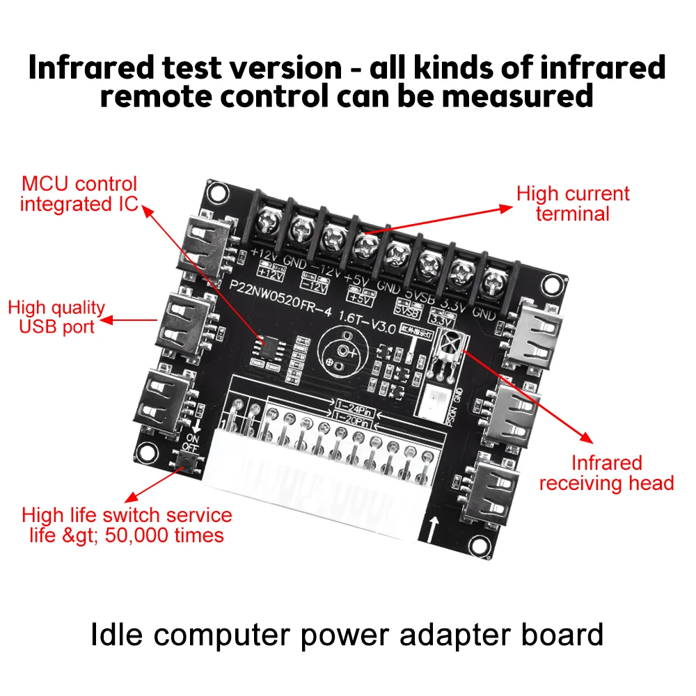 24-Pin-ATX-Netzteil-Breakout-Board und Acrylgehäuse-Kit, Moduladapter, Stromanschluss, unterstützt 3,3 V/5 V/12 V, 1,8 V–10,8 V (einstellbar) – Detail 3