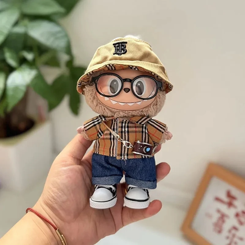 15 17cm For Labubu Doll Classic Dress Skirt Outfit Clothes Luxury Fisherman Hat Plaid Shirt Bag Shoes Set Clothing Accessories