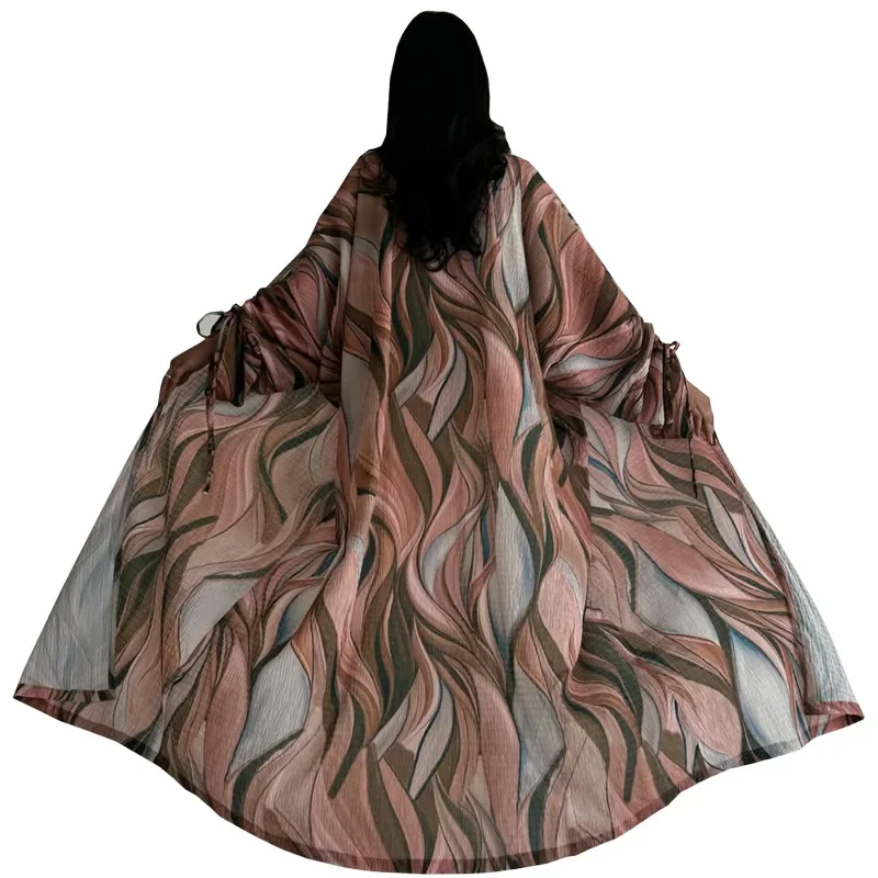 프린트 오픈 가디건 미들 두바이 가디건 패션 코튼 린넨 이스트 아바야 커프 드로스트링 무슬림 여성 로브