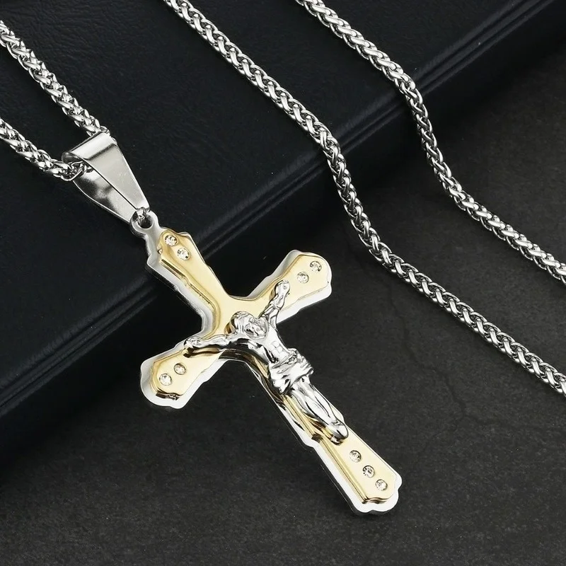 Fashion Double Layer Cross Necklace Jesus Statue Pendant Hip Hop Necklaces for Men Cross Jewelry Accessories Anniversary Gift