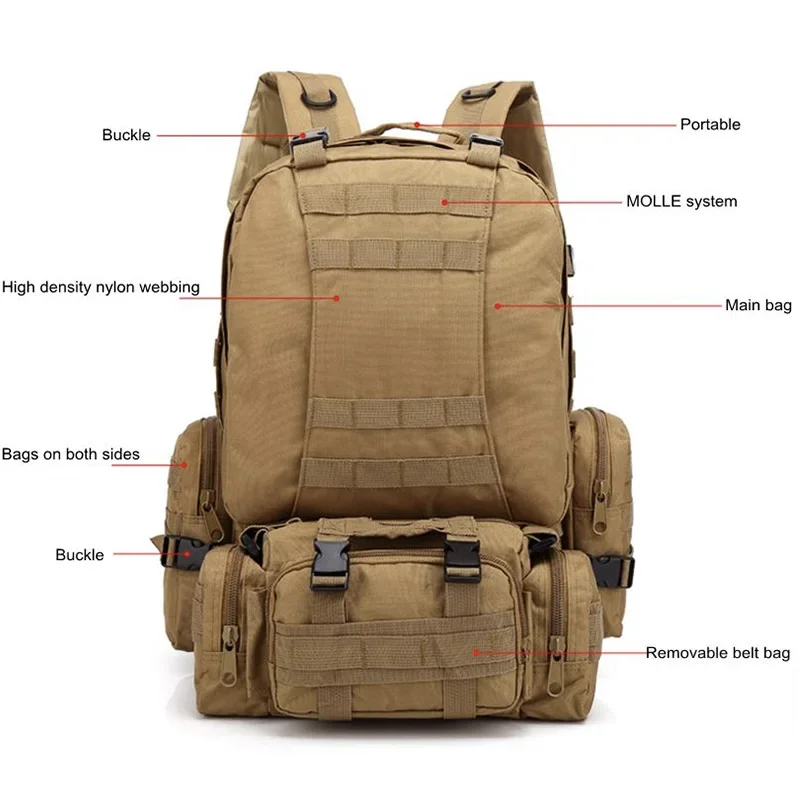 Hot Sell Military Tactical Army Backpack Unisex Four In One Combination Pack Outdoor Hiking Cycling Camping Hunting Accessories