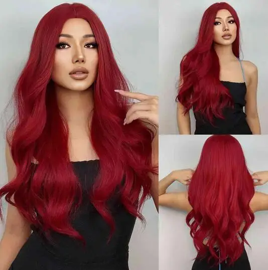 

Hot red long curly hair in the parting fluffy big wave synthetic high temperature silk mechanism full head wig