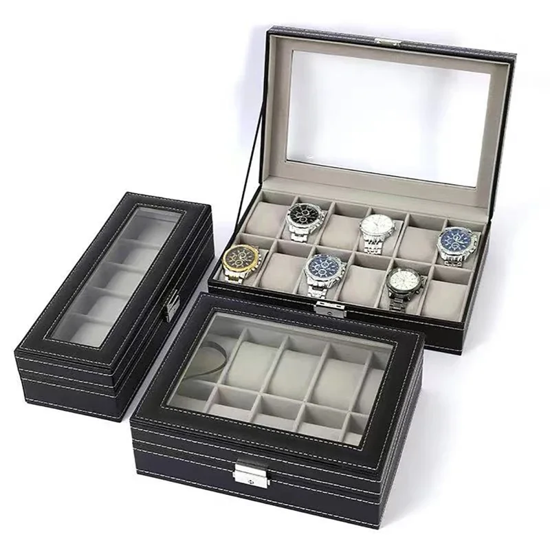 6-10-12 Slot Watch Organizer Box with Glass Top and Large Removable Pillows, Elegant Watch Case for Men and Women