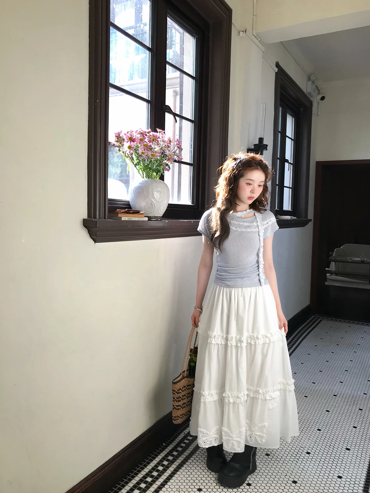 

plus Size Women's T-irt Summer Slimming Large Cheese Eating Mouth Frill Belted Casual Sle Polyester ort Sve round Ne