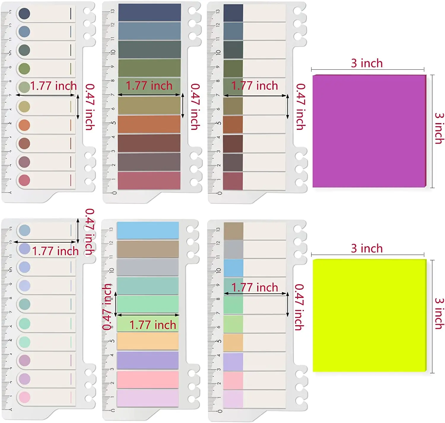 Morandiべたつかないインデックスタブセット、2パックの異なる色3x3インチの透明な粘着ノート、紙、メモ、分類ファイル