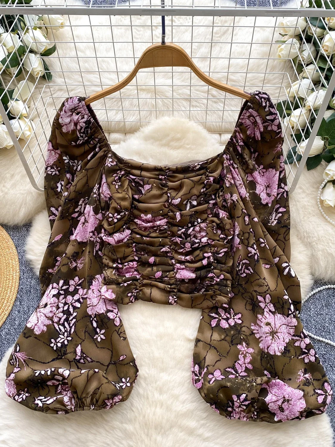 

Retro Print Bubble Sleeve One Shoulder Women's Shirt Slimming Pleated Autumn Fashionable Beautiful Top Korean Style Commute Wind